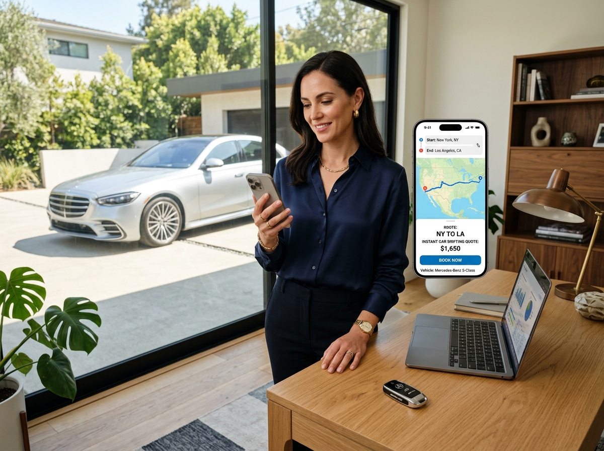 Customer booking car transportation online on smartphone with vehicle parked in driveway