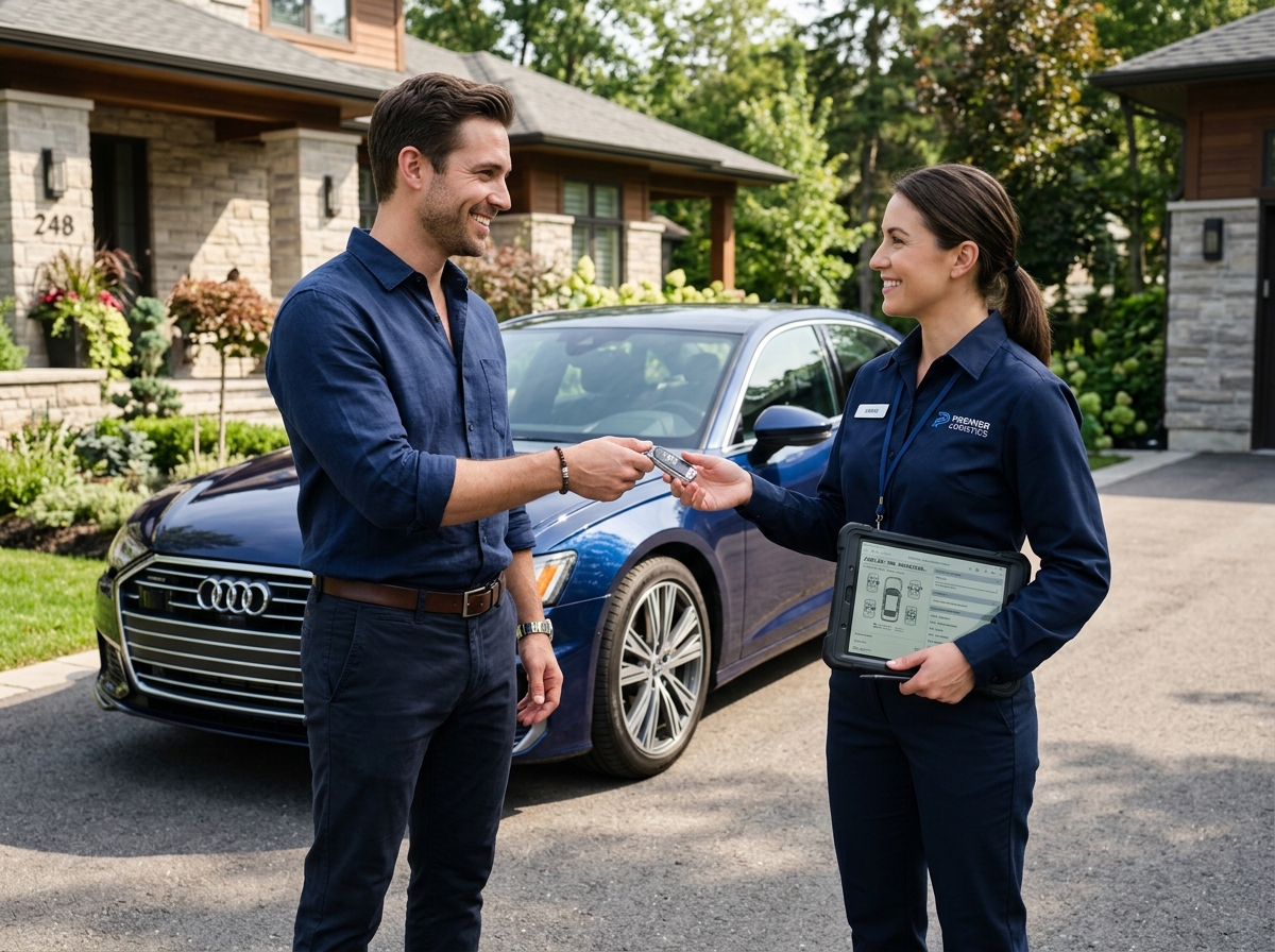 Car owner handing over car keys to vehicle logistics driver for transport pickup
