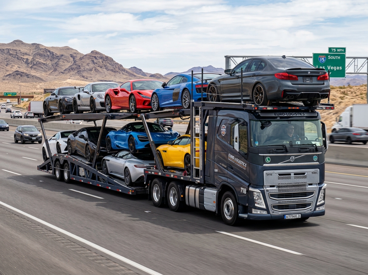 Specialized multi-tier car carrier transporter truck hauling vehicles on the highway