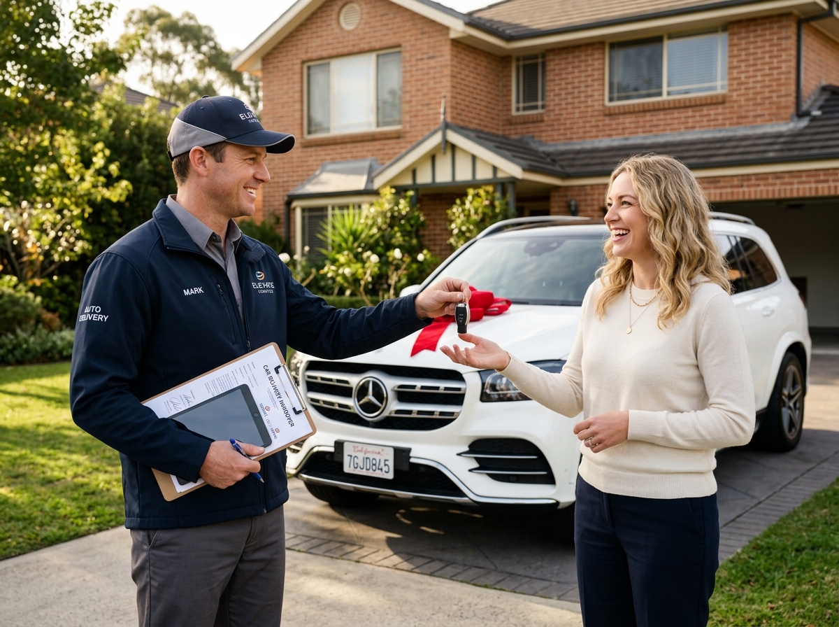 Auto delivery driver handing over car keys to happy owner in front of delivered car
